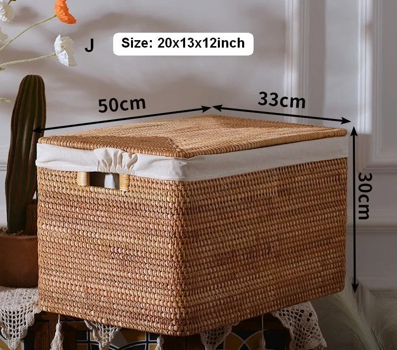 Wicker Rectangular Storage Basket with Lid, Extra Large Storage Baskets for Clothes, Kitchen Storage Baskets, Oversized Storage Baskets for Bedroom