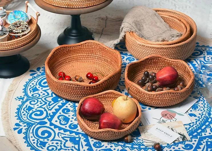 Woven Round Storage Basket, Rattan Storage Basket, Fruit Basket, Storage Baskets for Kitchen