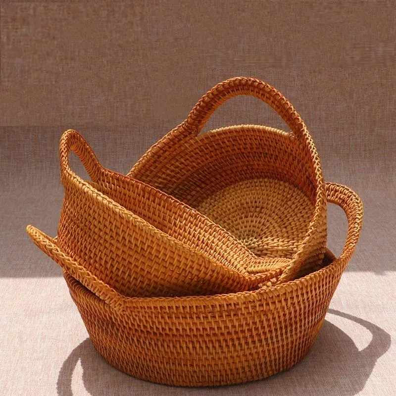 Woven Round Storage Basket, Storage Baskets for Kitchen, Rattan Storage Basket with Handle, Storage Basket for Dining Room, Set of 3