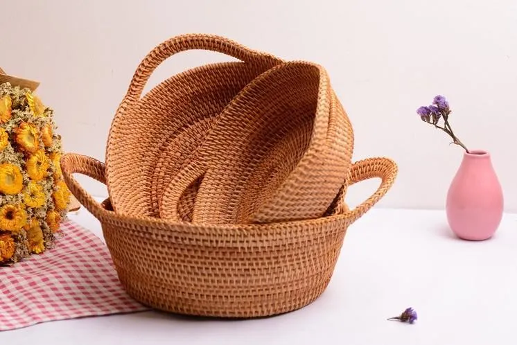 Woven Round Storage Basket, Storage Baskets for Kitchen, Rattan Storage Basket with Handle, Storage Basket for Dining Room, Set of 3