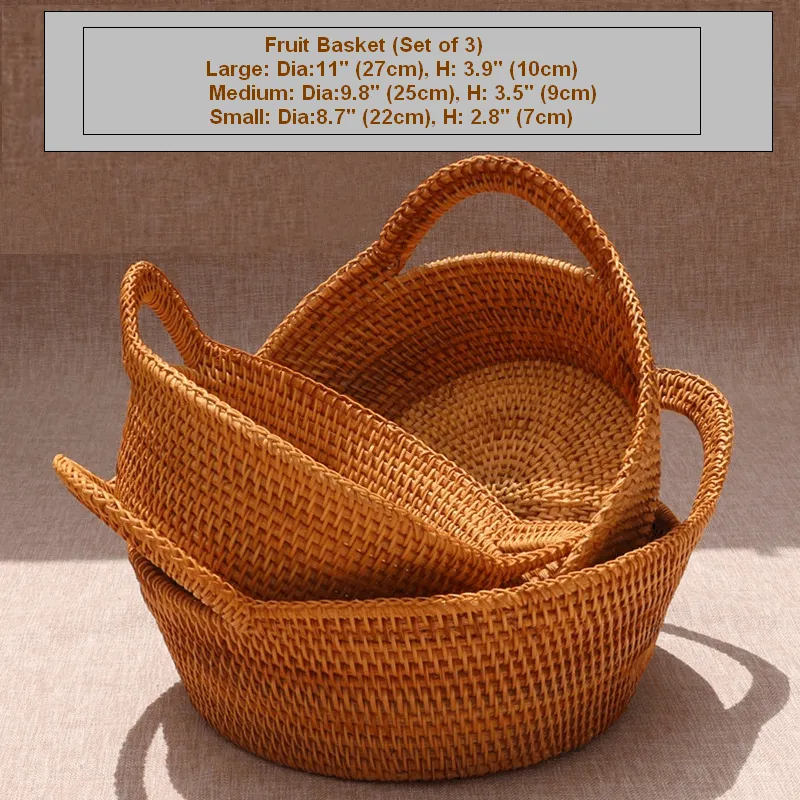 Woven Round Storage Basket, Storage Baskets for Kitchen, Rattan Storage Basket with Handle, Storage Basket for Dining Room, Set of 3