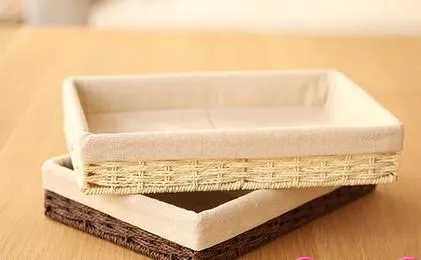 Woven Straw Storage Basket with Linen Lining, Storage Basket for Food, Rectangle Storage Basket for Kitchen